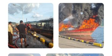 ‎Kapolsek Aertembaga Pimpin Langsung Penanganan Kebakaran KM Natalie 02 di Pelabuhan Bitung ‎